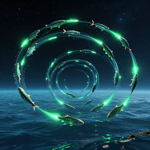 Digital artwork of glowing green fish forming circular patterns in a dark, starry ocean with a blue gradient horizon.