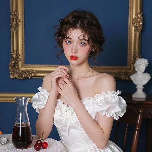 Photorealistic digital artwork of a pale-skinned, blue-eyed woman with curly brown hair, red lips, and white off-shoulder dress,