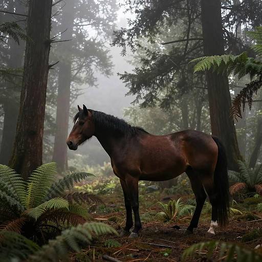 Photograph of a dark brown horse with a black mane standing in a misty, dense forest, surrounded by ferns and tall trees.