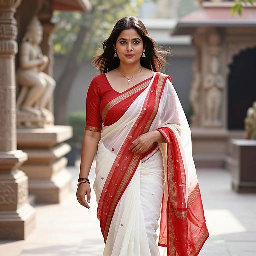 Photograph of an elegant Indian woman with dark hair, wearing a red and white saree, gold jewelry, walking confidently in a sunlit, temple