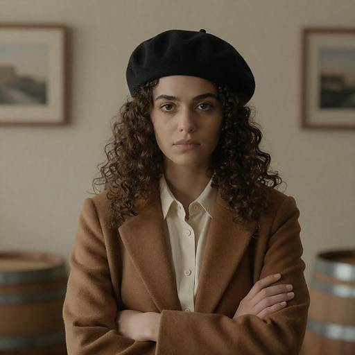 Serious Woman Wearing Black Beret and Brown Coat