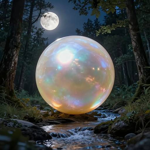 Photograph of a glowing, iridescent, rainbow-hued sphere on a forest stream at night, illuminated by a full moon.