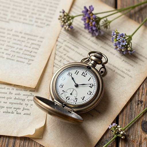 Photograph of an antique silver pocket watch with open lid, resting on old, yellowed book pages, and purple lavender sprigs on rustic wooden surface