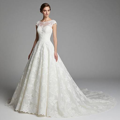 Photograph of a slender, fair-skinned woman with dark hair in an elegant, white lace wedding gown with sheer cap sleeves and a long, flowing