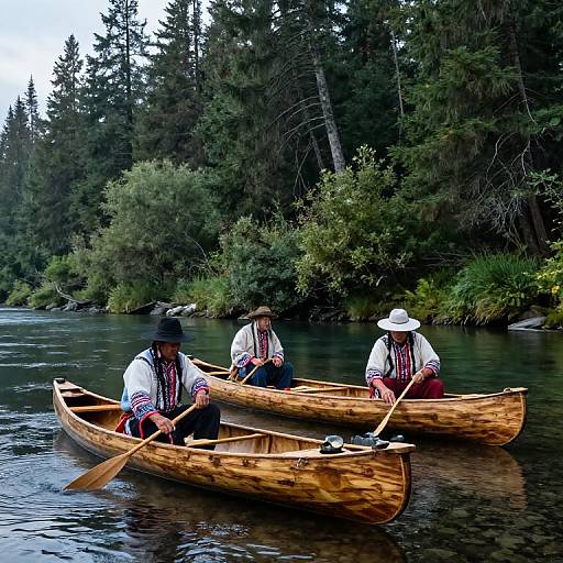 Photograph: Two Native American men in traditional white shirts and red vests paddle wooden canoes on a calm forest river. Tall evergreen trees fill the