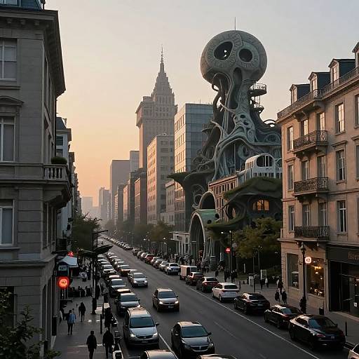 Photograph of a busy urban street at sunset, featuring a large, surreal, octopus-like sculpture on the right, surrounded by historic buildings and traffic