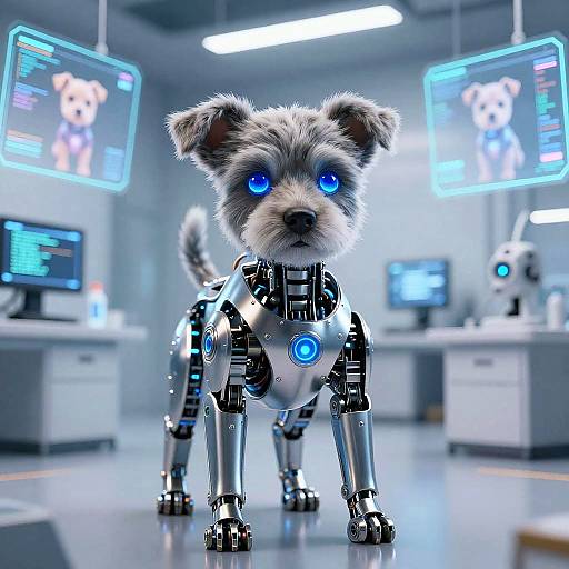 Photorealistic CGI of a cybernetic puppy with blue glowing eyes, metallic legs, and torso, standing in a futuristic lab with glowing screens and