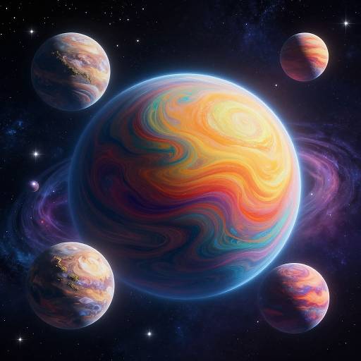 Digital art of a vibrant, swirling, multicolored planet surrounded by four smaller planets in a starry, dark space background.