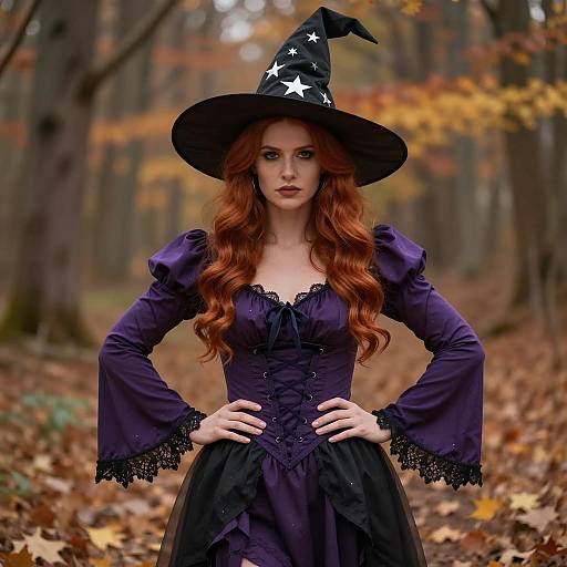 Confident Witch Woman in Autumn Forest