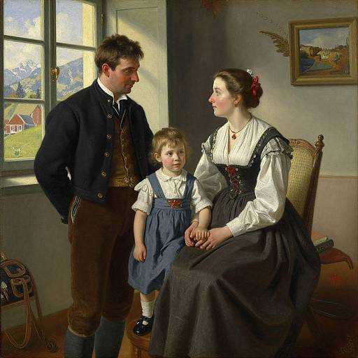 Photograph-like painting of a 19th-century family: father in dark vest and pants, mother in black dress, and daughter in blue pina
