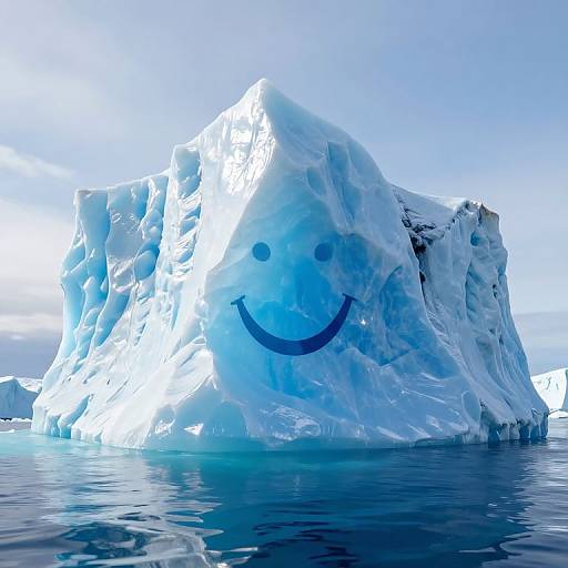 Photograph of a large, blue-tinged iceberg with a smiling face drawn on its surface, floating in calm, reflective ocean water.