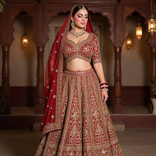 Photograph of a South Asian bride in a rich red and gold traditional lehenga with intricate embroidery, wearing a matching veil, jewelry, and makeup,
