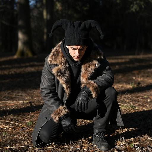 Crouching Jester-Hat Man in Dark Forest