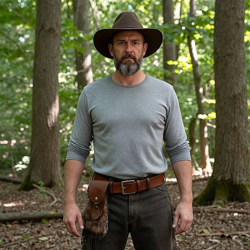 Photograph of a bearded man with a gray shirt, brown hat, and leather belt, standing in a sunlit forest.