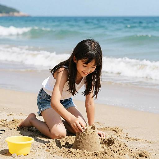 Joyful Girl Building Sandcastle at Beach
