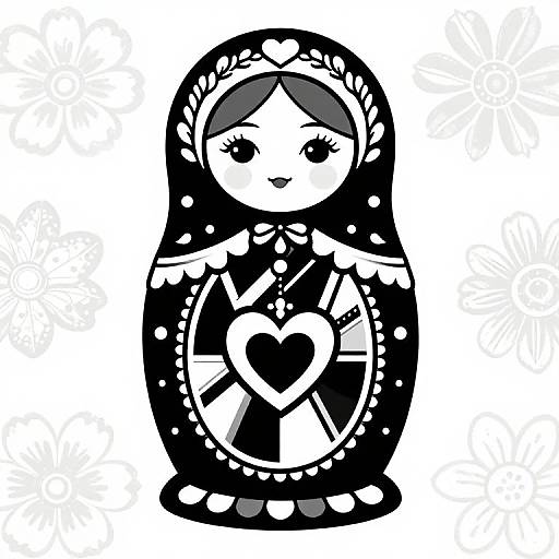Black and white digital drawing of a cute, stylized girl with long hair, wearing a floral headpiece and holding a heart-shaped object. She has