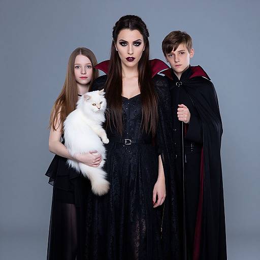 Photograph of three gothic vampires: dark-haired woman with black dress and dramatic makeup, brown-haired boy in black cape, and red-haired girl with