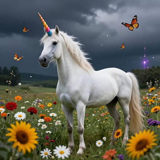 Photograph of a white unicorn with a rainbow-colored horn, standing in a vibrant field of flowers, surrounded by colorful butterflies, under a dark, cloudy