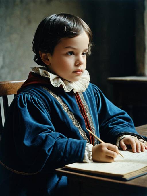 Child in Galileo Galilei Costume Writing