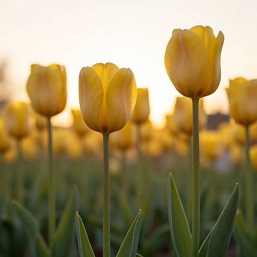 Photograph of vibrant yellow tulips in a field at sunset, with a blurred golden sky and green foliage in the background.