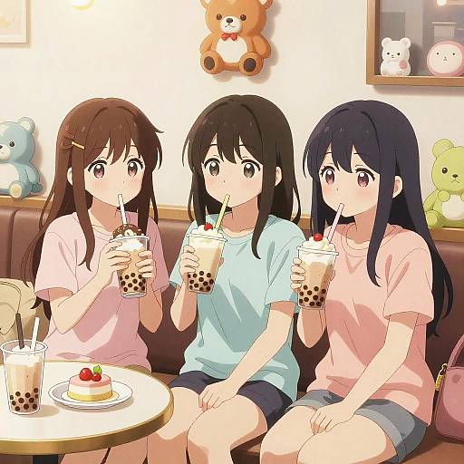 Anime-style digital drawing of three young girls with dark hair, wearing pink, blue, and pink shirts, sipping bubble tea, sitting on a brown