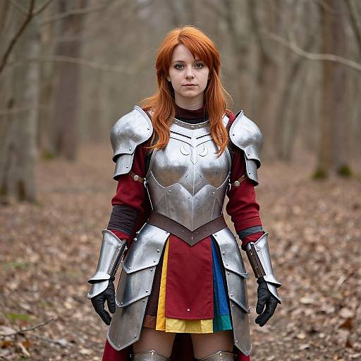 Photograph of a red-haired young woman with fair skin, wearing silver medieval armor and a red and yellow tunic, standing in a leaf-stre