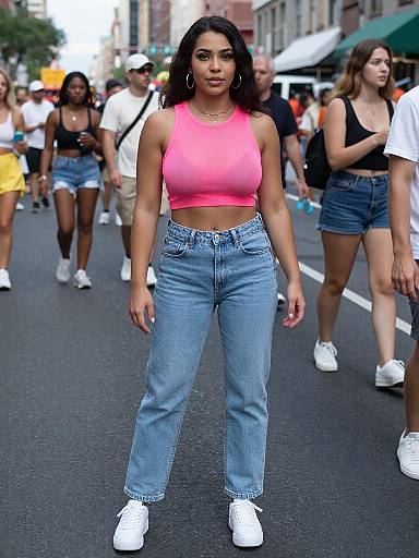 Photograph of a confident Black woman with long dark hair, wearing a neon pink crop top, blue high-waisted jeans, and white sneakers,