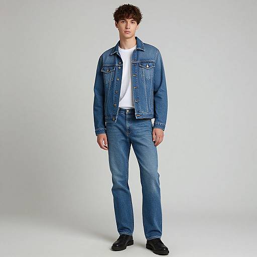 Photograph of a young man with curly brown hair, wearing a blue denim jacket, white t-shirt, and blue jeans, standing against a plain white