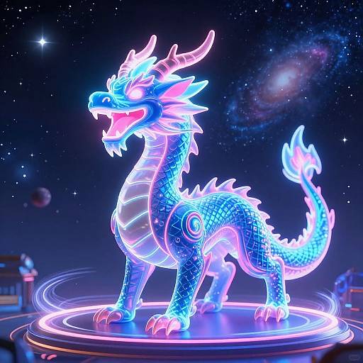 Neon blue glowing dragon statue with pink accents, illuminated against a starry space background with a visible galaxy and planets. Digital CGI artwork.