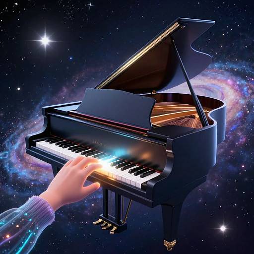 Digital art of a hand playing a glossy black grand piano amidst a cosmic background with colorful nebulae and stars.