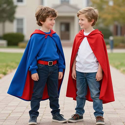 Photograph of two young boys, one in blue superhero cape and red lining, the other in red cape and white shirt, standing on a suburban sidewalk