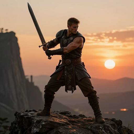 Photograph of a muscular, dark-haired warrior with a raised sword, standing on rocky terrain at sunset, wearing armor and leather skirt.