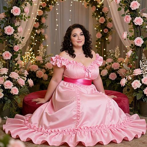 Photograph of a plus-sized woman with curly black hair, wearing a pink off-shoulder satin dress with ruffles, sitting on a red cushion
