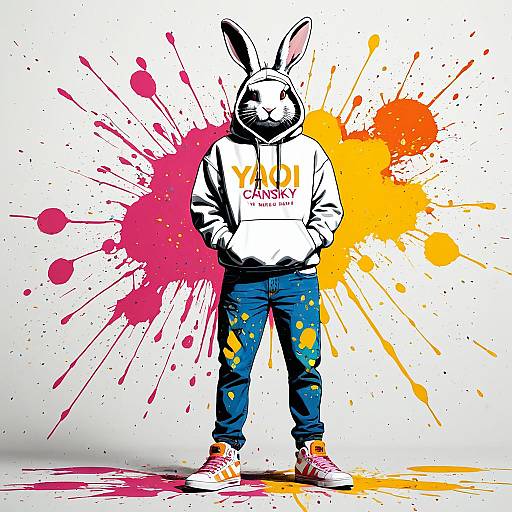 Cool Rabbit in Hoodie and Sneakers with Paint Splatter Background