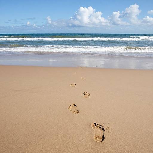 Photograph of a sunny beach with three footprints in the sand leading to gently crashing waves under a bright blue sky with fluffy white clouds.