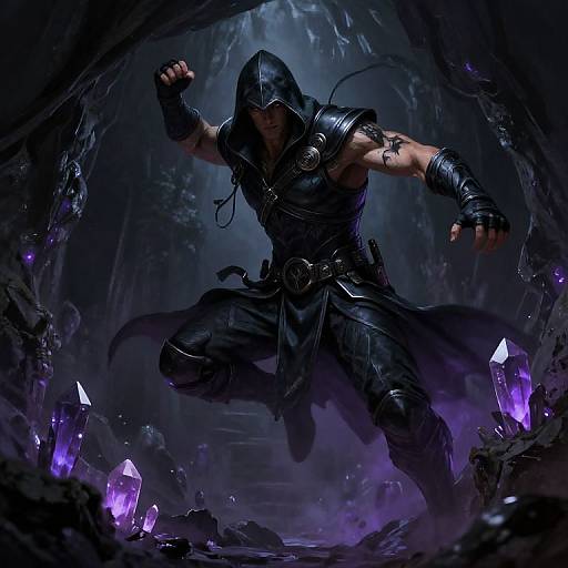 Digital fantasy artwork: muscular warrior in black armor with hood, mid-jump, in a dark, mystical cave with glowing purple crystals.