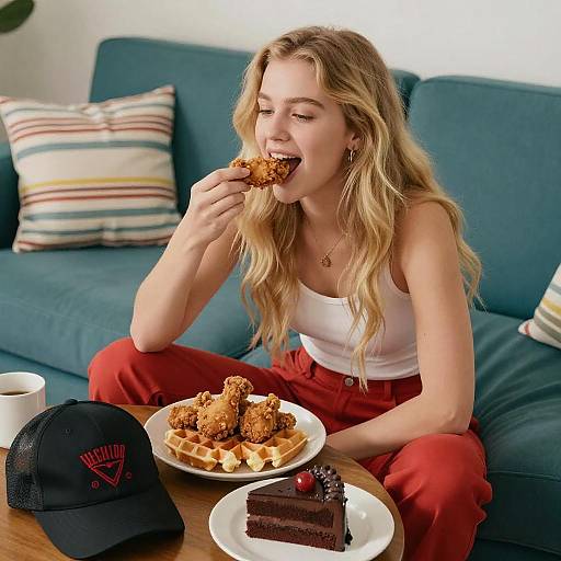 Young Woman Dining on Fried Chicken and Waffles
