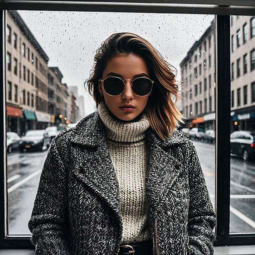 Stylish Woman in Tweed Coat and Sunglasses on Rainy City Street