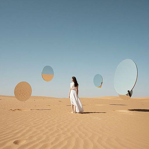 Woman Among Surreal Floating Mirrors