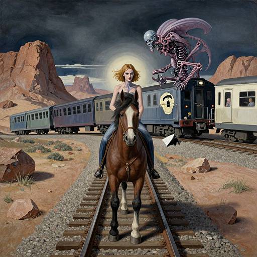 Digital art: Woman with brown hair rides brown horse on desert railroad, pursued by skeletal creature with glowing eyes and moon.