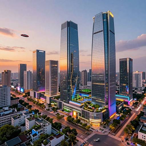 Photograph of a modern cityscape at dusk, featuring three tall, reflective glass skyscrapers with colorful lights, surrounded by smaller buildings and busy streets