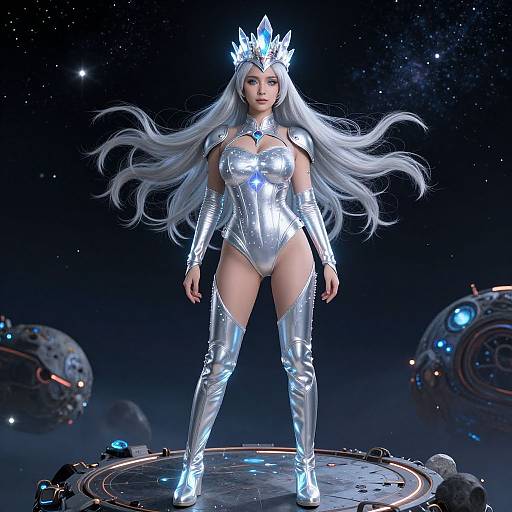 CGI image of a silver-clad, long-haired woman with a crystal crown, standing confidently on a space platform with floating planets.