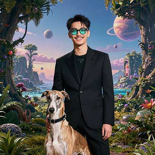 Photorealistic CGI of an Asian man with black hair, wearing a black suit and green-tinted glasses, smiling beside a grey and white Grey