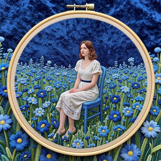Embroidery Art of Woman in Blue Flower Field