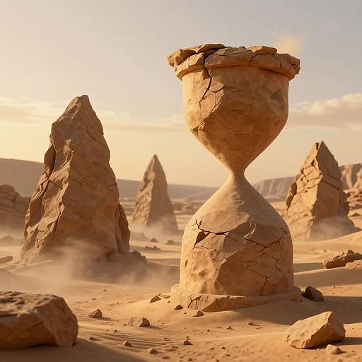 Photograph of a desert landscape with cracked, sandstone formations under a golden sunset sky, featuring a prominent hourglass-shaped rock in the foreground.