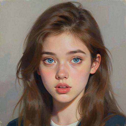Digital portrait of a young woman with fair skin, blue eyes, and brown hair, featuring realistic textures and soft lighting.