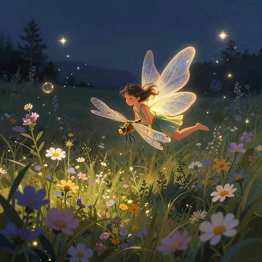 Illuminated fairy with glowing wings and a dragonfly companion fly over a vibrant, starlit meadow of colorful flowers at night. Digital fantasy artwork