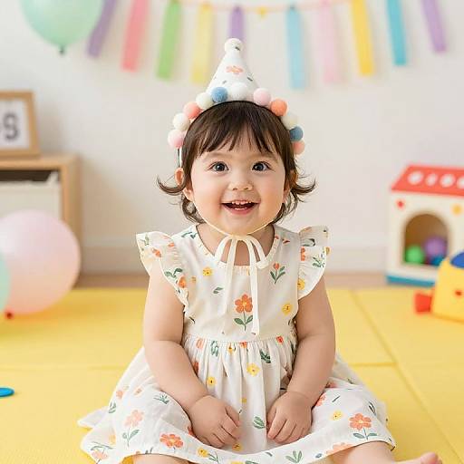 Photograph of a smiling Asian baby girl with dark hair, wearing a white floral dress and polka-dotted party hat, sitting on yellow floor mat