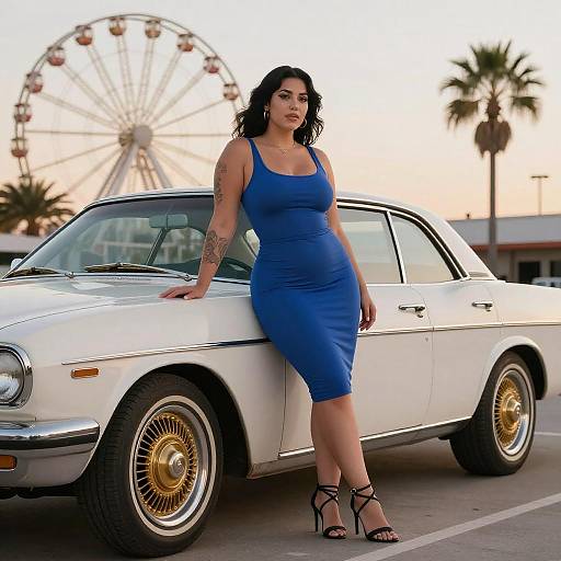 Curvy Woman by Vintage Car at Sunset