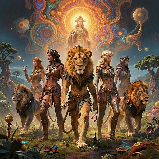 Digital fantasy artwork of four anthropomorphic lionesses and lions, adorned in tribal armor, standing before a radiant, sun-like deity with swirling, colorful celestial